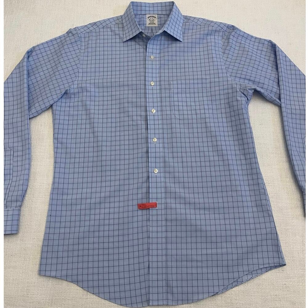 Brooks Brothers Regent Shirt Mens 16 36 Blue Windowpane Check Non Iron Supima